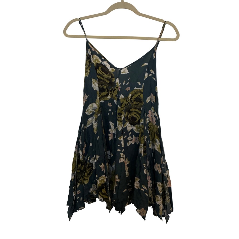 Free People Intimately Slip Dress Womens Size S Teal Floral Handkerchief Hem